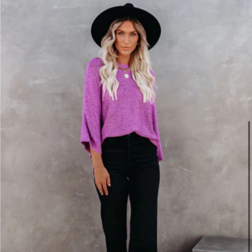 3/4 sleeve Sweater Weather Speckled Knit Sweater - Magenta - Medium**